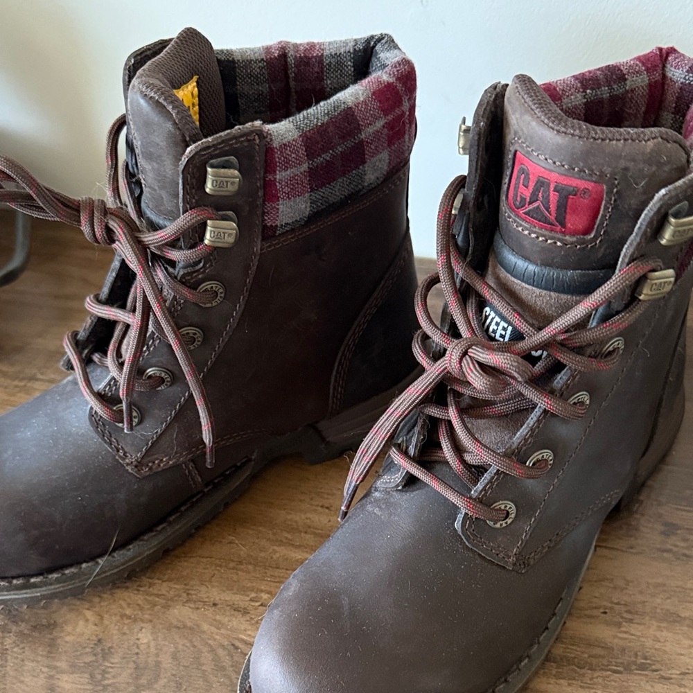 Caterpillar Brown Lace Up Steel Toe Leather Upoer Boots with Plaid Detail